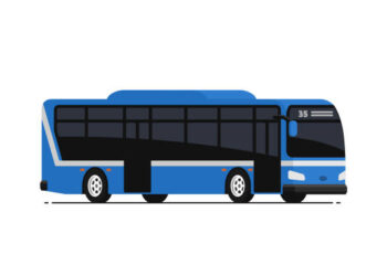 Blue public bus. Vector illustration in flat style. Isolated on white background.